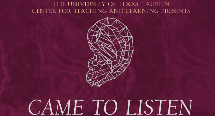 Maroon background with a an ear drawn in silver and the text at bottom that reads "Came to Listen"